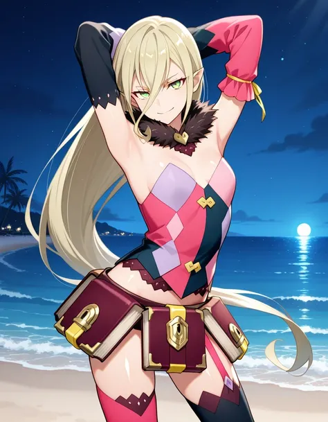 M4gil0u, green eyes, pointy ears, blonde hair, very long hair, hair between eyes, fur collar, multicolored vest, strapless, detached sleeves, mismatched sleeves, book skirt, asymmetrical legwear, thighhighs, garter straps, anime screenshot, shiny skin, hig...