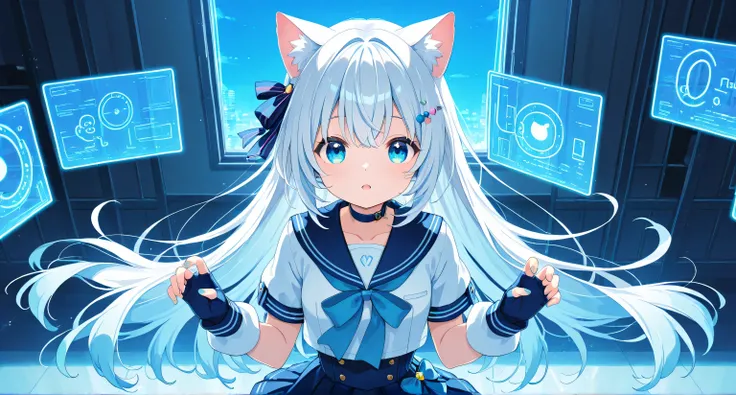 Nekomiya mana cat girl bluish white hair long tufts of bluish hair sky blue eyes An anime girl wearing a hybrid uniform that merges the style of a sailor school suit and a Vocaloid idol outfit . The uniform maintains the classic white blouse with navy blue...