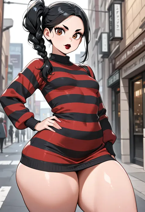 on street, perfect face, braided side ponytail, black hair, black eyebrows, thin eyebrows, big eyes, brown eyes, full lipstick, beautiful woman, striped sweater dress, small breasts, hand on hip, (thick thighs:1.2)