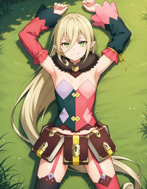 M4gil0u, green eyes, pointy ears, blonde hair, very long hair, hair between eyes, fur collar, multicolored vest, strapless, detached sleeves, mismatched sleeves, book skirt, asymmetrical legwear, thighhighs, garter straps, anime screenshot, shiny skin, hig...