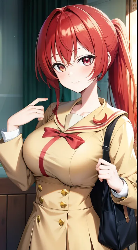 Anime girl with long red hair, She has shining gold eyes with unique patterned details. His face was slightly red, and he wore a curious expression or a lewd smile as he stared ahead. She is wearing a Japanese school uniform with a cream-colored sailor col...