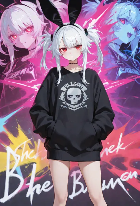 A futuristic anime-style girl with short white hair and vibrant red eyes, wearing a sleek black oversized sweatshirt adorned with edgy, graffiti-like bunny artwork. She has cute yet stylish cyberpunk bunny ears attached to her head, glowing faintly. The ba...