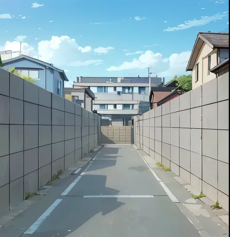 Anime street, empty street, wall, road, anime, house, day time, pov, blue sky , fpp, first person view , concrete wall 