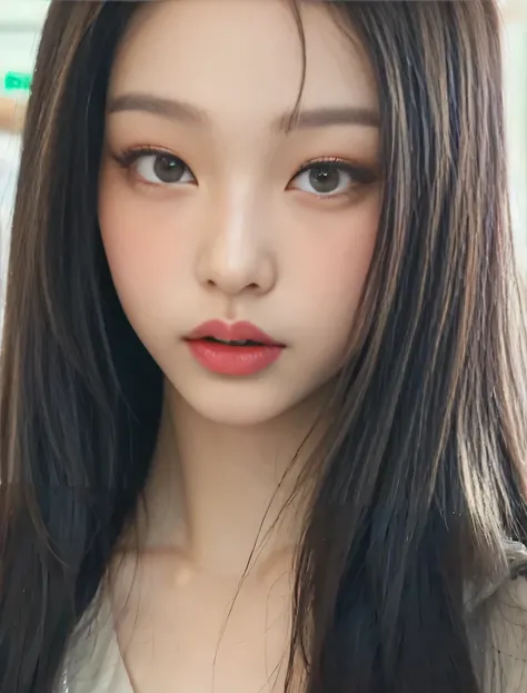 Asian woman, popular makeup from South Korea, popular Korean makeup , she has long hair, korean girl, korean woman , beautiful young korean girl, blush, glossy skin, freckles