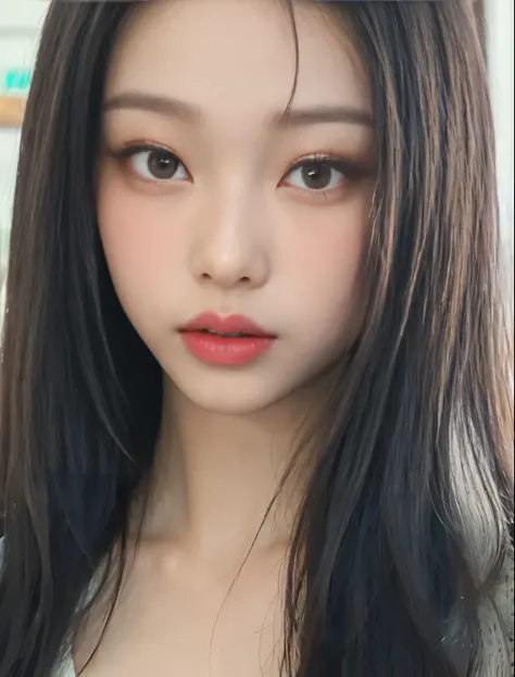 Asian woman, popular makeup from South Korea, popular Korean makeup , she has long hair, korean girl, korean woman , beautiful young korean girl, blush, glossy skin, freckles