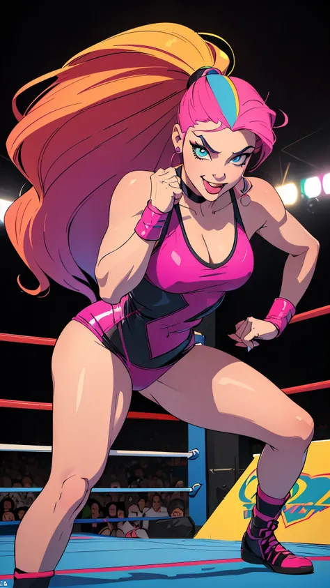 Avant-garde pop art, (((Standing on a wrestling ring))), amazing, best quality, vector art, stylish design, ((The most beautiful girl ever)), (((Best quality))), HDR, ((Details)), ((Masterpiece)), ((Super detailed)), ((Looking sideways, looking at the came...