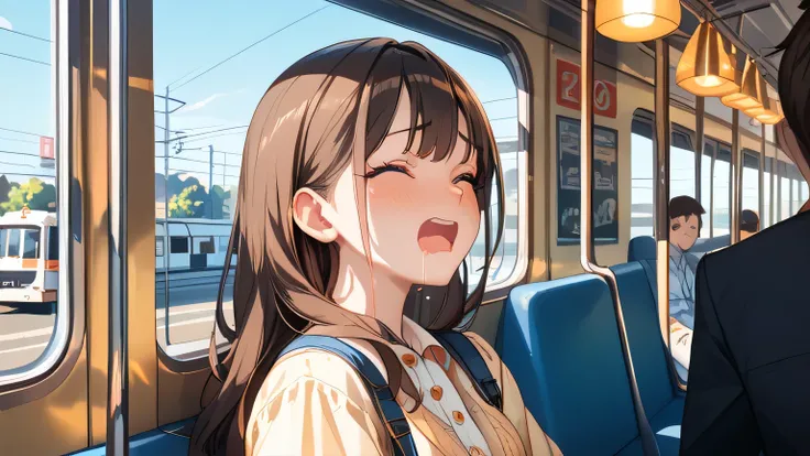 Best picture quality, standing on train, lots of people standing around, super high quality, one Japanese woman, cute, eyes closed, tall, long dark brown hair, face embarrassed by molester (5.0), looking up, mouth wide open, drooling, close-up of face, cre...