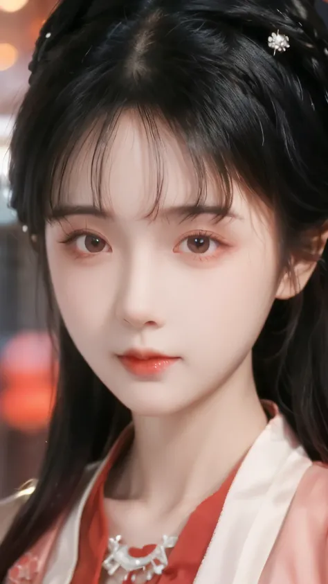 has the best quality, masterpiece, High Aims, 1 girl, Beautiful red Hanfu, Hair ornaments, necklace, ornament, pretty face, When the body, Tyndell effect, Realistic portrait, Dark Studio , Edge lighting, Bicolor Light , (very delicate skin:1.2), 8,...