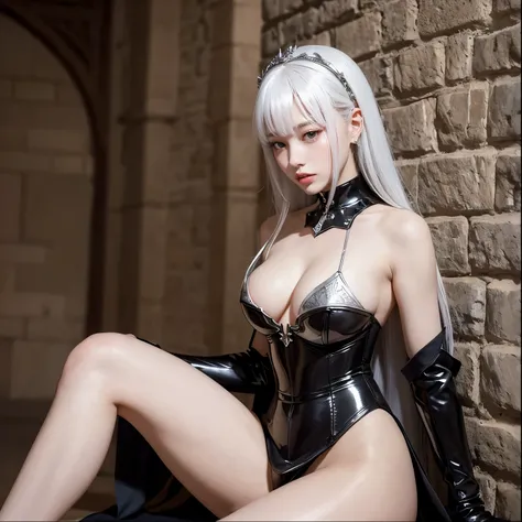 medieval sword, sweet face: 1.2,  full lips : 1.7,  slender legs: 1.7,  medieval armor: 2.2,  neckline : 1.2,  Long hair, white hair, smooth and black: 2.0,  extremely short bangs: 2.2, 4K Ultra H ,  silver armor, gótica, sola, medieval sword, little breas...