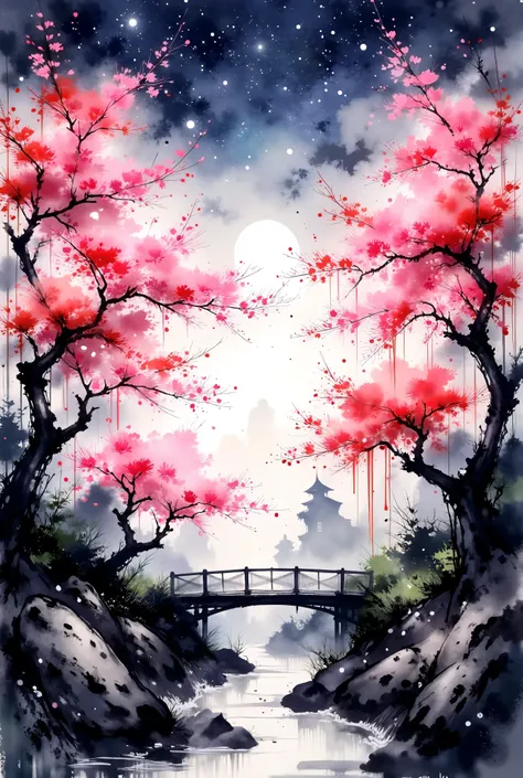 A grove of sakura trees bursts into bloom under a twilight sky filled with stars. Each tree is intricately rendered with ink-brushed branches and soft watercolor petals in shades of pink and crimson that glow faintly as if infused with starlight. The grove...