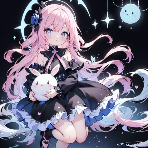 beauty、pink and light blue gradient background、 black clothes 、 pretty face、baby face、((( detailed eyes 、 droopy eyes )))、 long sleeve with flared cuffs 、 Shoulder-Out、 one-piece flared skirt 、 holding a stuffed rabbit in one hand、black and light blue so...