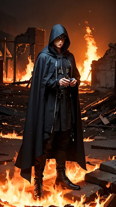 Black-clad, hooded wizard. Dressed in antiquity. Manipulates red energy from his hands. Surrounded by ruins and fire.