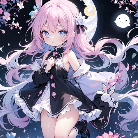 beauty、pink and light blue gradient background、 black clothes 、 pretty face、baby face、((( detailed eyes 、 droopy eyes )))、  long sleeve with flared cuffs  、 Shoulder-Out、 one-piece flared skirt 、 holding a stuffed rabbit in one hand、black and light blue so...