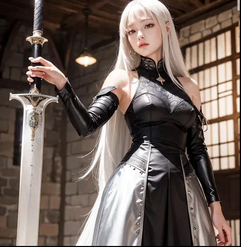 medieval sword, sweet face: 1.2,  full lips : 1.7,  slender legs: 1.7,  medieval armor: 2.2,  neckline : 1.2,  Long hair, white hair, smooth and black: 2.0,  extremely short bangs: 2.2, 4K Ultra H ,  silver armor, gótica, sola, medieval sword, little breas...