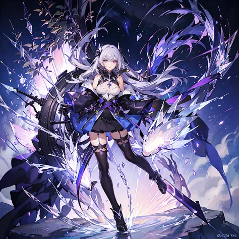 1 girl, Crystal themed girl, crystal highlighted stockings, blue and purple thigh high stockings, heeled boots. White and black bodysuit skirt, purple blade, assassin. Magic, sideview close-up looking at viewer, above waist shot, galaxy starry background, ...