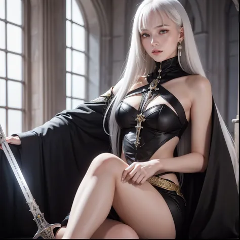 medieval sword, sweet face: 1.2,  full lips : 1.7,  slender legs: 1.7,  medieval armor: 2.2,  neckline : 1.2,  Long hair, white hair, smooth and black: 2.0,  extremely short bangs: 2.2, 4K Ultra H ,  silver armor, gótica, sola, medieval sword, little breas...