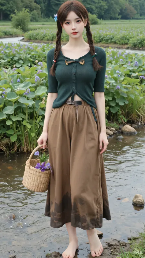  scene：wild pea field on the banks of a mountain stream，, she is wearing dark green ramie cross collar shorts，outer cover dandelion velvet hand-woven mesh blouse，skirt dyed with natural mud brown spots。
appearance：braids with bluebells and copper bells，wit...