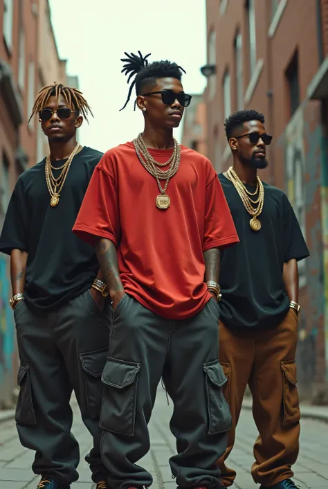 Ai robotic  group of American thugs standing in an urban street scene, wearing oversized baggy t-shirts, large gold chains, stylish sunglasses, and big fold trousers. Their hairstyles are diverse, featuring fresh fades, braids, and high top cuts, capturing...