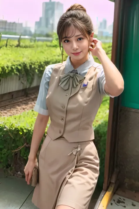 (masterpiece:1.2, Best Quality:1.2), 32kHDR, Hi-Res, (alone、1 girl)、(Rooftop of a building during the day、professional lighting)、Building rooftop background、(JR WOMAN TRAIN CREW UNIFORM BEIGE REAL STYLE)、((JR Woman Train Crew Uniform Beige Light Blue Blou...