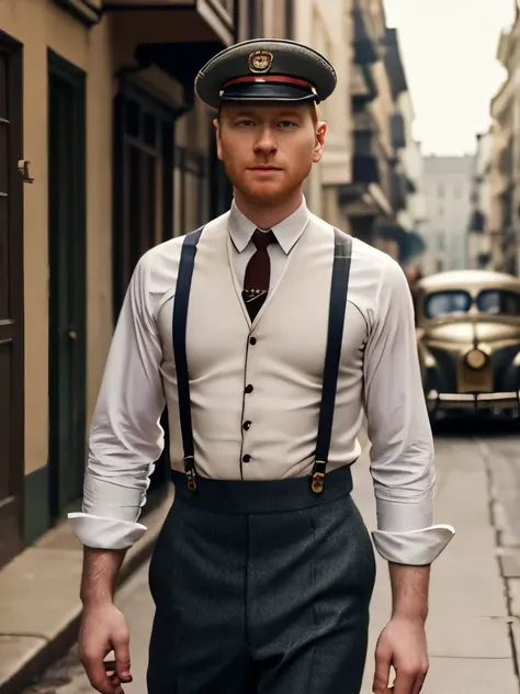 arafed man in suspenders and a shirt and tie standing on a street, dressed like in the 1940s, white russian clothes, suspenders, 1930s style clothing, looks like domhnall gleeson, world war ii military style, post war style, ww2 era, costumes from peaky bl...