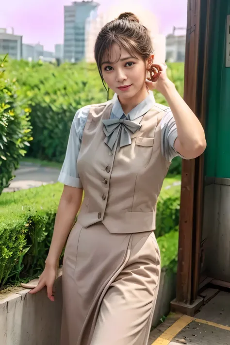 (masterpiece:1.2, Best Quality:1.2), 32kHDR, Hi-Res, (alone、1 girl)、(Rooftop of a building during the day、professional lighting)、Building rooftop background、(JR WOMAN TRAIN CREW UNIFORM BEIGE REAL STYLE)、((JR Woman Train Crew Uniform Beige Light Blue Blou...