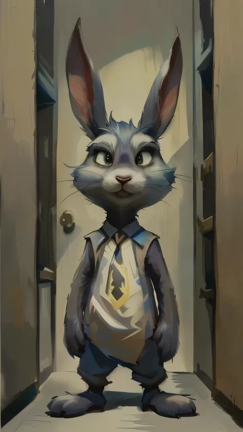 painting of a cartoon bunny standing in a doorway with a bag, rabbt_character, portrait of a bugs bunny, anthropomorphic rabbit, zootopia concept art, evil bugs bunny, rabbit, bunnypunk, in style of zootopia, cute anthropomorphic bunny, by Ivan Generalić, ...