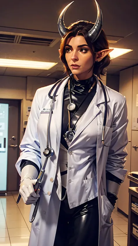 tiefling, colored skin, orange skin, horns, demon horns, tail, pointy ears, 1woman, doctor, stands confidently, modern hospital, crisp white lab coat, dark scrubs, curved horns are neatly adorned with subtle silver rings, stethoscope hangs around neck, ste...