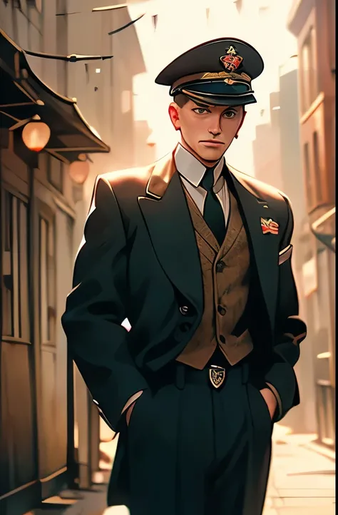 arafed man in suspenders and a shirt and tie standing on a street, dressed like in the 1940s, white russian clothes, suspenders, 1930s style clothing, looks like domhnall gleeson, world war ii military style, post war style, ww2 era, costumes from peaky bl...