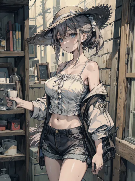 earring, big breasts, narrow waist, short hair, wavy hair, hair behind ear, half updo, black hair, sweat, cowboy shot, casual, blouse, white shirt, buttoned shirt, bare shoulders, collarbone, midriff, navel, shorts, straw hat,