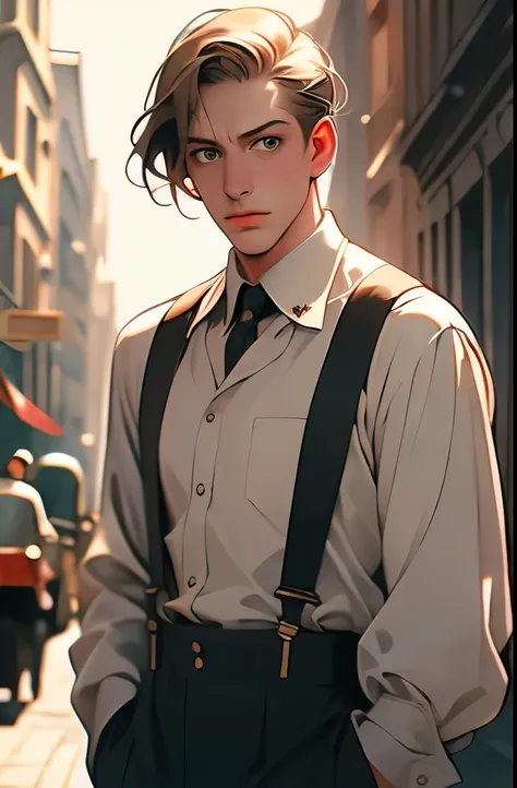 arafed man in suspenders and a shirt and tie standing on a street, a colorized photo inspired by Oskar Lüthy, reddit, renaissance, dressed like in the 1940s, white russian clothes, suspenders, 1930s style clothing, looks like domhnall gleeson, world war ii...