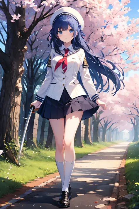 Beautiful girl with long dark blue hair, blue eyes, walking on a trail in school uniform, tie, shirt, skirt, shoes,  white beret, sword, comienza a blandir la sword y practicar, strong breeze , sakura leaves.