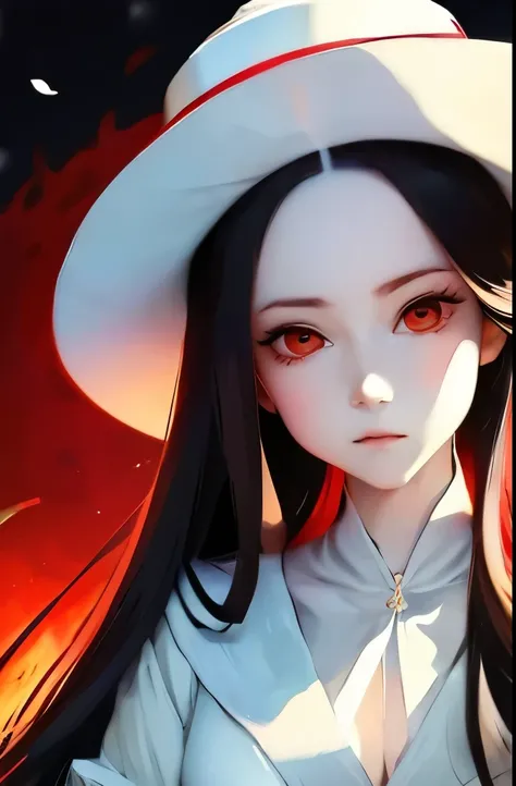 arafed image of a woman in a white dress and a white hat, amaterasu, artwork in the style of guweiz, inspired by Jeffrey Catherine Jones, guweiz, inspired by Koson Ohara, portrait of sadako of the ring, with a red halo over her head, priestess in a conical...