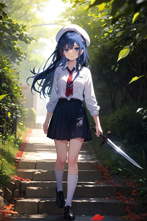 Beautiful girl with long dark blue hair, blue eyes, walking on a narrow path wearing a school uniform, tie, shirt, skirt, shoes,  white beret, sword, comienza a blandir la sword y practicar, strong breeze , sakura leaves.