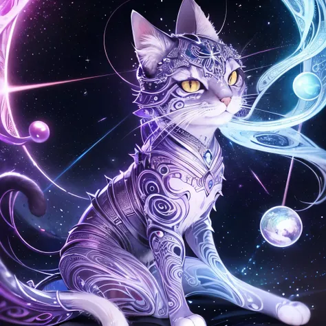 a close up of a cat with a star in the background, alex grey cat, cat from the void, cat detailed, magical and mystical, god of cats, elegant cat, the dark god of cats, space cat, highly detailed visionary art, beautiful animal pearl queen, highly detailed...