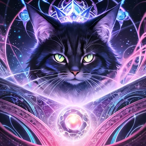 a close up of a cat with a star in the background, digital art inspired by Kerembeyit, shutterstock contest winner, psychedelic art, alex grey cat, cat from the void, cat detailed, magical and mystical, god of cats, elegant cat, the dark god of cats, highl...