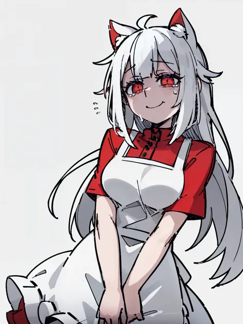 (( one woman， 长长的Messy白发，Cat ears， shabby white apron，white dress，red pupils))，Messy，Clothes patch ，Broken，vagrant，frizzy ，forward,Half Body，((cry，Smile))，white background