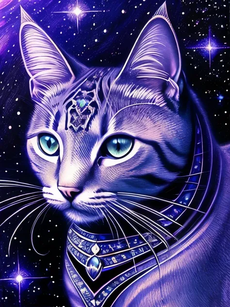 a close up of a cat with a star in the background, alex grey cat, cat from the void, cat detailed, magical and mystical, god of cats, elegant cat, the dark god of cats, space cat, highly detailed visionary art, beautiful animal pearl queen, highly detailed...