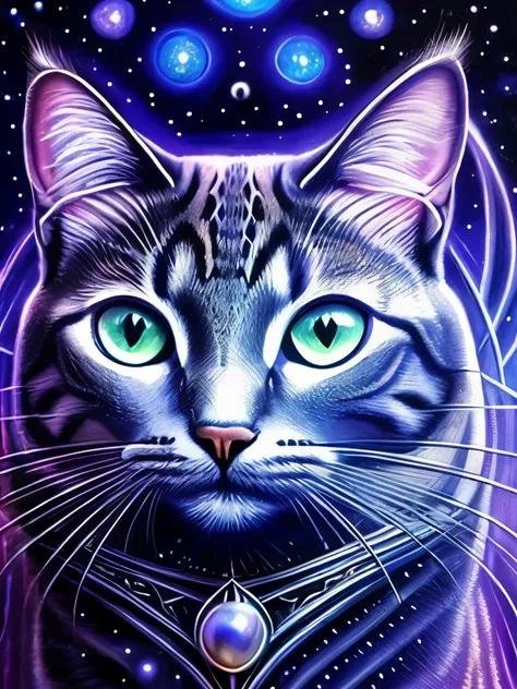 a close up of a cat with a star in the background, alex grey cat, cat from the void, cat detailed, magical and mystical, god of cats, elegant cat, the dark god of cats, space cat, highly detailed visionary art, beautiful animal pearl queen, highly detailed...