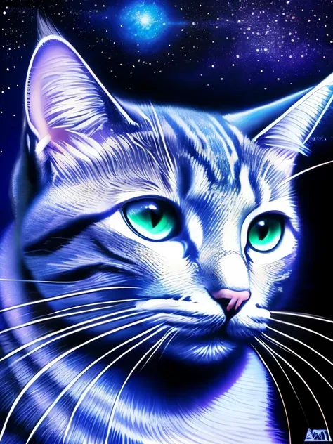 a close up of a cat with a star in the background, alex grey cat, cat from the void, cat detailed, magical and mystical, god of cats, elegant cat, the dark god of cats, space cat, highly detailed visionary art, beautiful animal pearl queen, highly detailed...