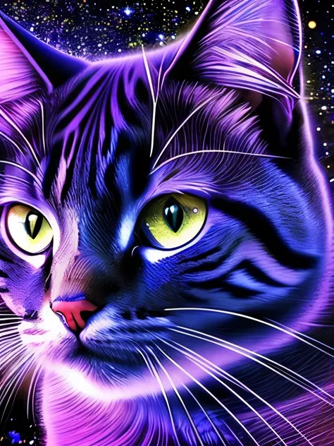 a close up of a cat with a star in the background, digital art inspired by Kerembeyit, shutterstock contest winner, psychedelic art, alex grey cat, cat from the void, cat detailed, magical and mystical, god of cats, elegant cat, the dark god of cats, highl...