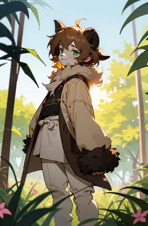 Charming scenes from ((solo)), (Anthro furry) (goat_boy:1.5),(brown_fur:1.5), Anthro the furry goat boy has a short and tousled hairstyle with light brown hair that matches his fur color . His fur is soft, shaggy, and creamy white with light brown spots on...