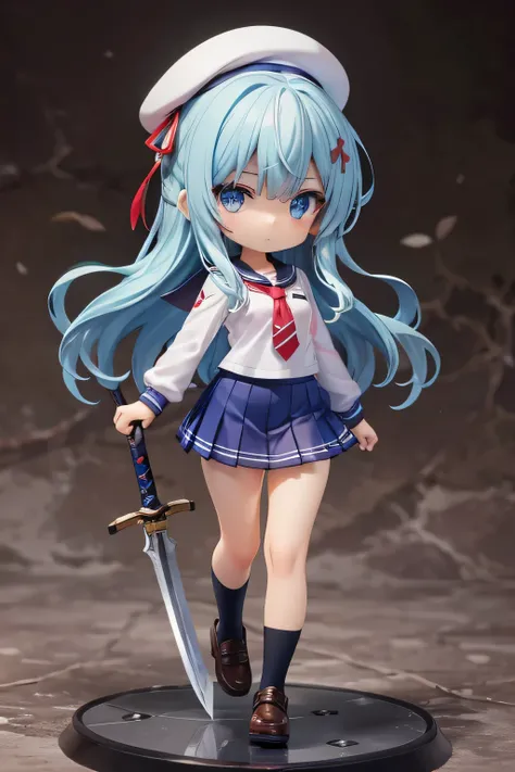 Beautiful girl with long dark blue hair, blue eyes, walking on a narrow path wearing a school uniform, tie, shirt, skirt, shoes,  white beret, sword, comienza a blandir la sword y practicar, strong breeze , sakura leaves, very detailed face, 8K, light and ...