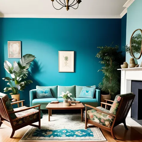 there is a couch and a chair in a room with a blue wall, nature and floral aesthetics, dreamy atmosphere and drama, retro vintage and romanticism, old home decor, trending on pinterest，maximalist, cottagecore hippie, cottagecore!!, beautiful and aesthetic,...