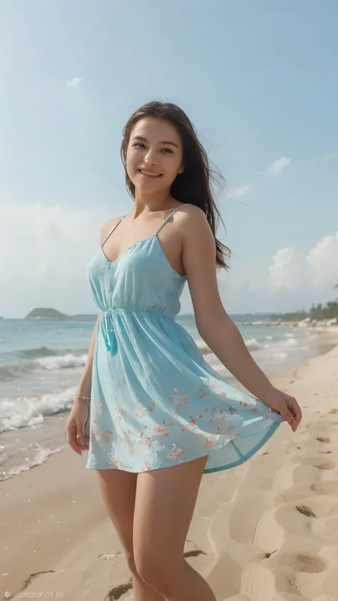 Beautiful girl in dress standing in bright posture on white sand beach in Trang province,colorful floral short dress,beautiful face, soft, soft,gentle gesture, full smile,x} Shady atmosphere, clean white sand beach,open sky, transparent, warm sun,Photograp...