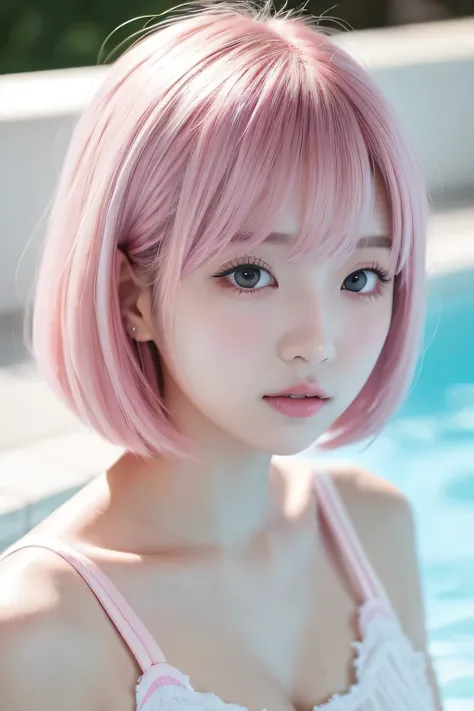 close-up of a person with pink hair and a white shirt, Girl with short pink hair ,  On the face of  , Ulzzang,  poolside anime girl with blue scales on her chest ,  short hair with bangs,  short hair, pastel pink skin tone,  Pink Pastel , pink straight hai...