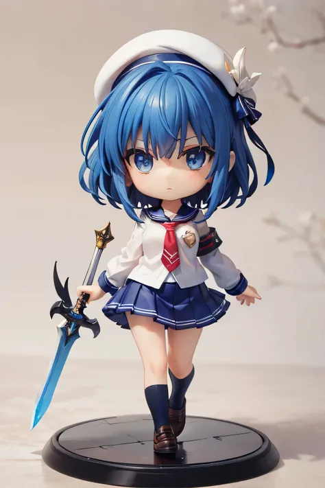 Beautiful girl with long dark blue hair, blue eyes, walking on a narrow path wearing a school uniform, tie, shirt, skirt, shoes,  white beret, sword, comienza a blandir la sword y practicar, strong breeze , sakura leaves, very detailed face, 8K, light and ...