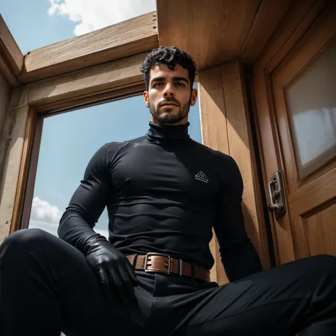 Age 30、handsome guy , 1 Man,Black Turtleneck Long Sleeve Tee。 black hair、Short Haired Natural Perm、Guarding in front of the door、　　 as seen from below。　upper body up 　 Menacing look　　black slim pants looking into the ocean　　 black gloves　champion belt swep...