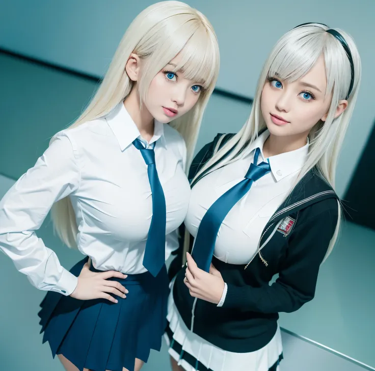 8K quality, Bright professional photo ,  two beautiful girls, Above a thin waist, (The two are fully wearing high school girl uniforms so they can't see their skin:1.3), (Big breasts are crushed by tight clothes:1.2), The bright and flashy blue eyes , Plat...