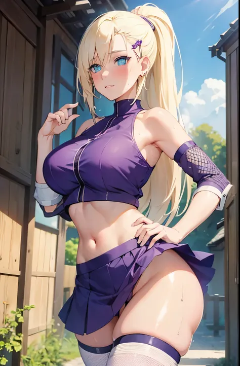 (masterpiece), best quality, expressive eyes, perfect face, 1 girl, solo, yamanaka ino, blonde hair, blue eyes, purple crop top, separate sleeves, (purple skirt), mesh sleeves, meshes, outdoors, natural lighting, full body, portrait, horny look, aroused, b...