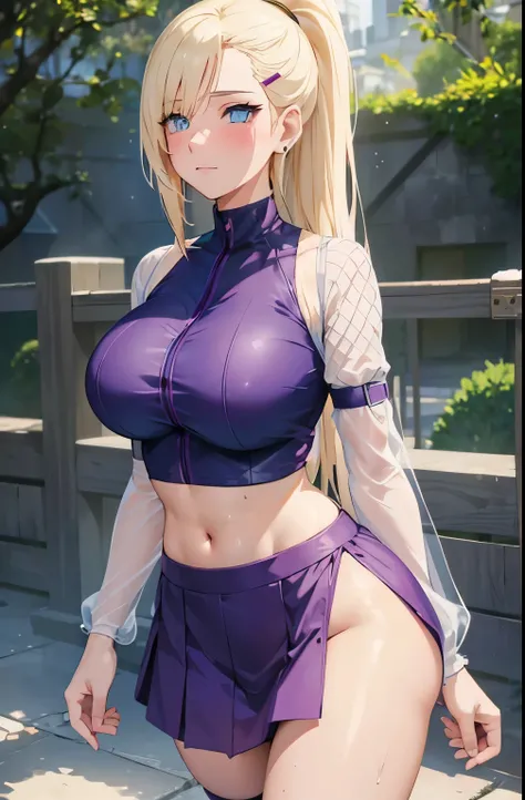 (masterpiece), best quality, expressive eyes, perfect face, 1 girl, solo, yamanaka ino, blonde hair, blue eyes, purple crop top, separate sleeves, (purple skirt), mesh sleeves, meshes, outdoors, natural lighting, full body, portrait, horny look, aroused, b...